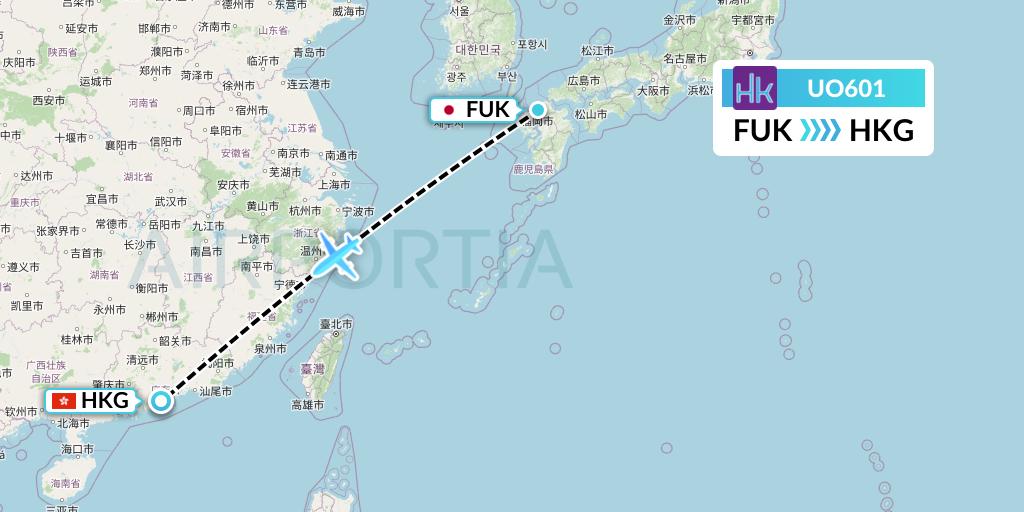 UO601 Hong Kong Express Flight Map: Fukuoka to Hong Kong