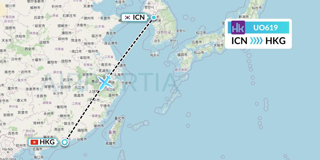 UO619 Hong Kong Express Flight Map: Seoul to Hong Kong