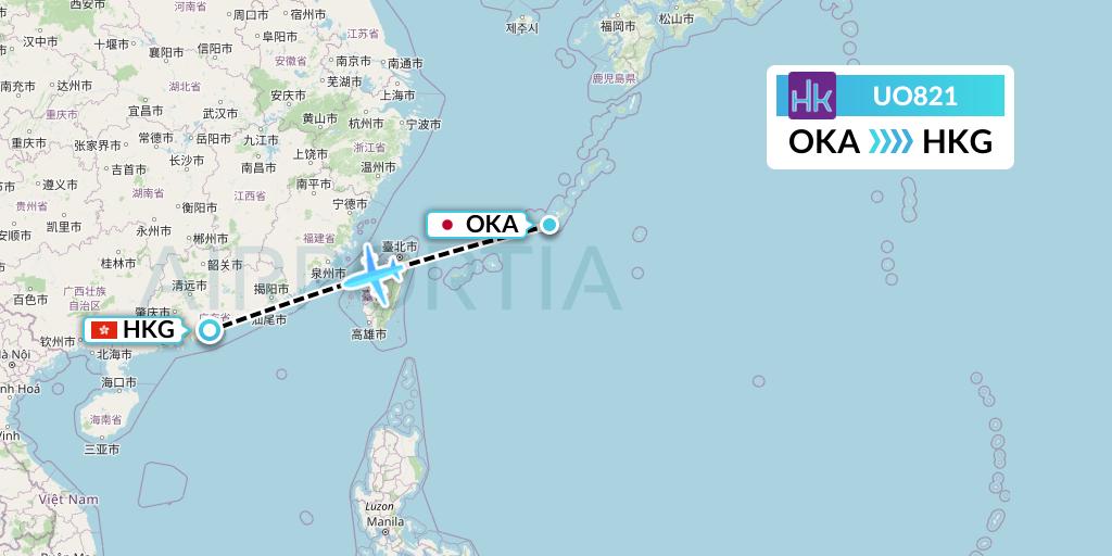 UO821 Hong Kong Express Flight Map: Naha to Hong Kong