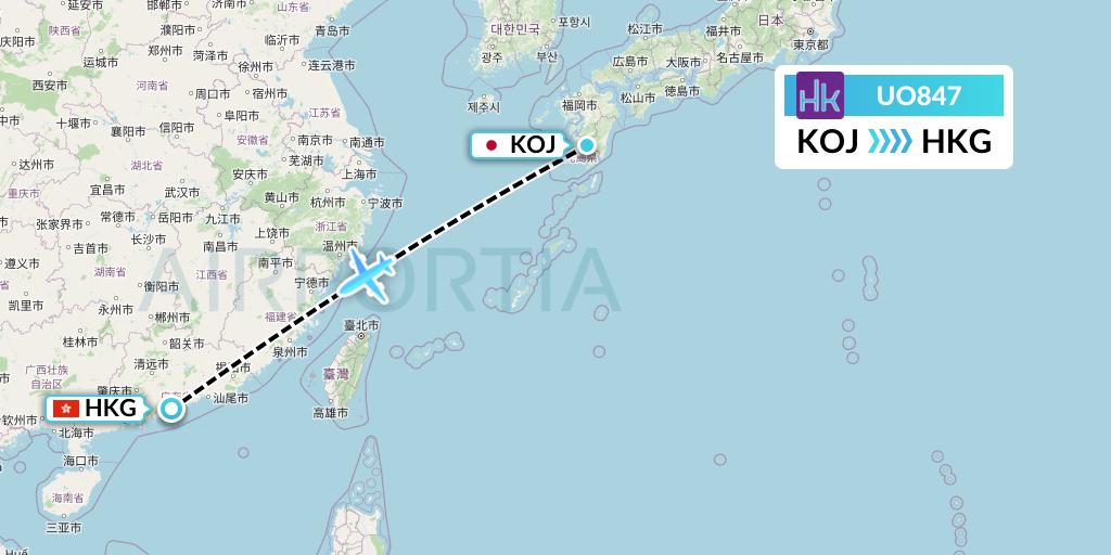 UO847 Hong Kong Express Flight Map: Kagoshima to Hong Kong