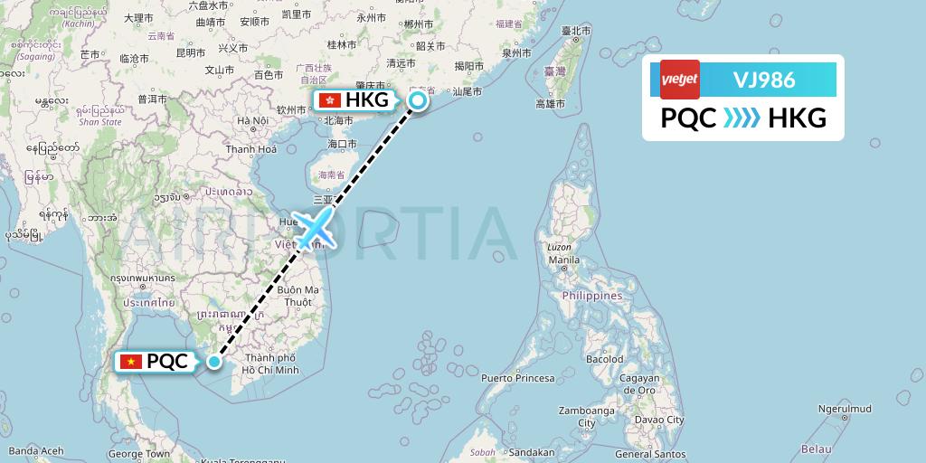 VJ986 VietJet Air Flight Map: Phu Quoc to Hong Kong