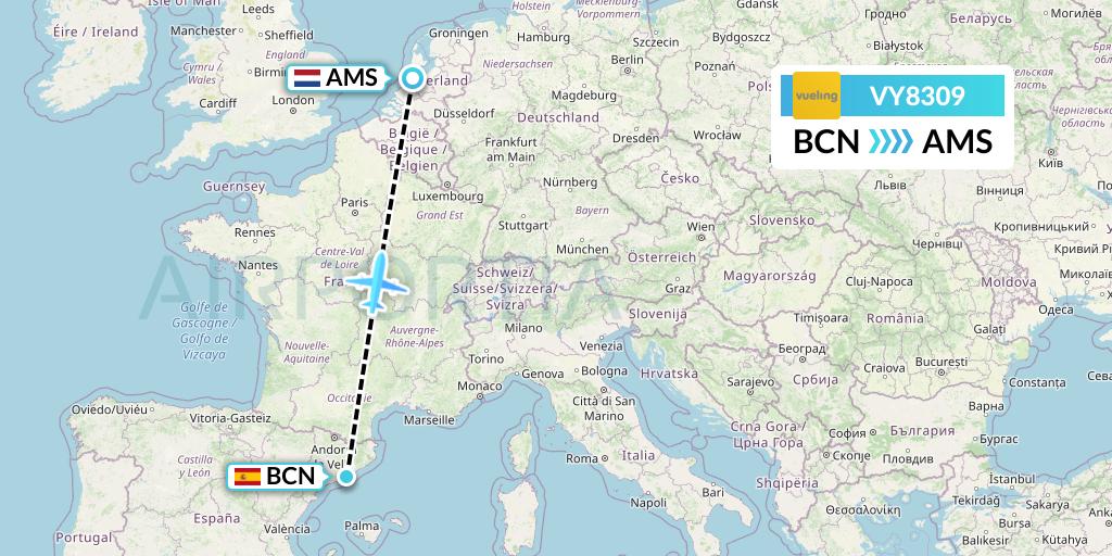VY8309 Vueling Flight Map: Barcelona to Amsterdam