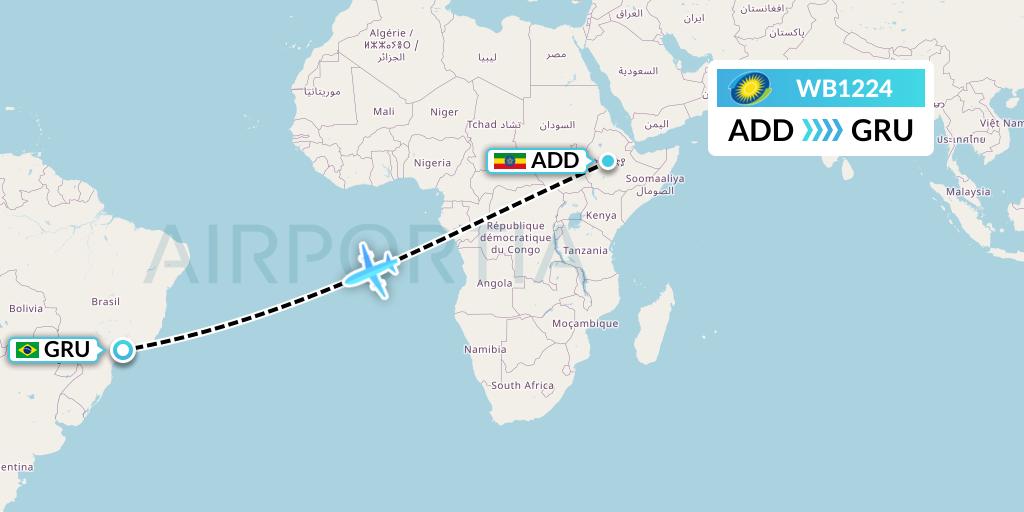 WB1224 RwandAir Flight Map: Addis Ababa to Sao Paulo