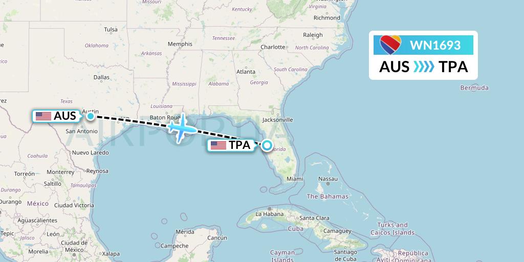 WN1693 Southwest Airlines Flight Map: Austin to Tampa