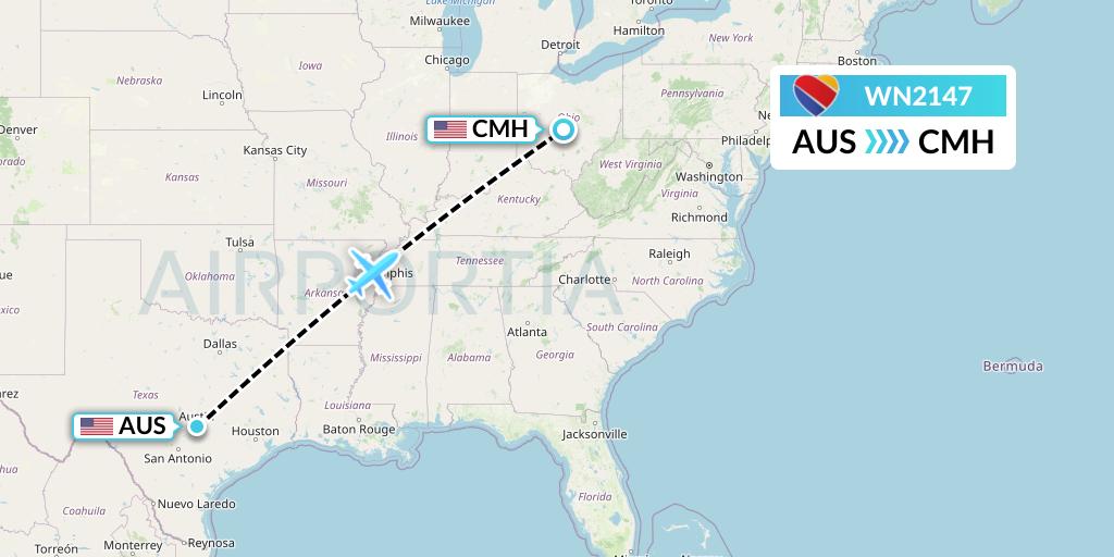 WN2147 Southwest Airlines Flight Map: Austin to Columbus