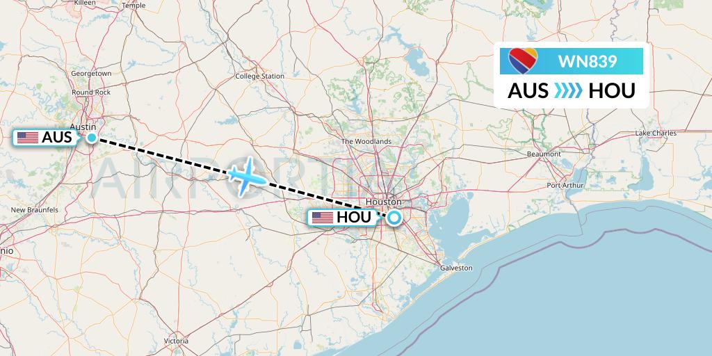 WN839 Southwest Airlines Flight Map: Austin to Houston
