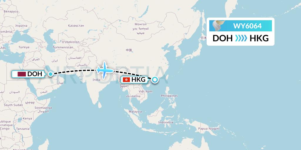 WY6064 Oman Air Flight Map: Doha to Hong Kong