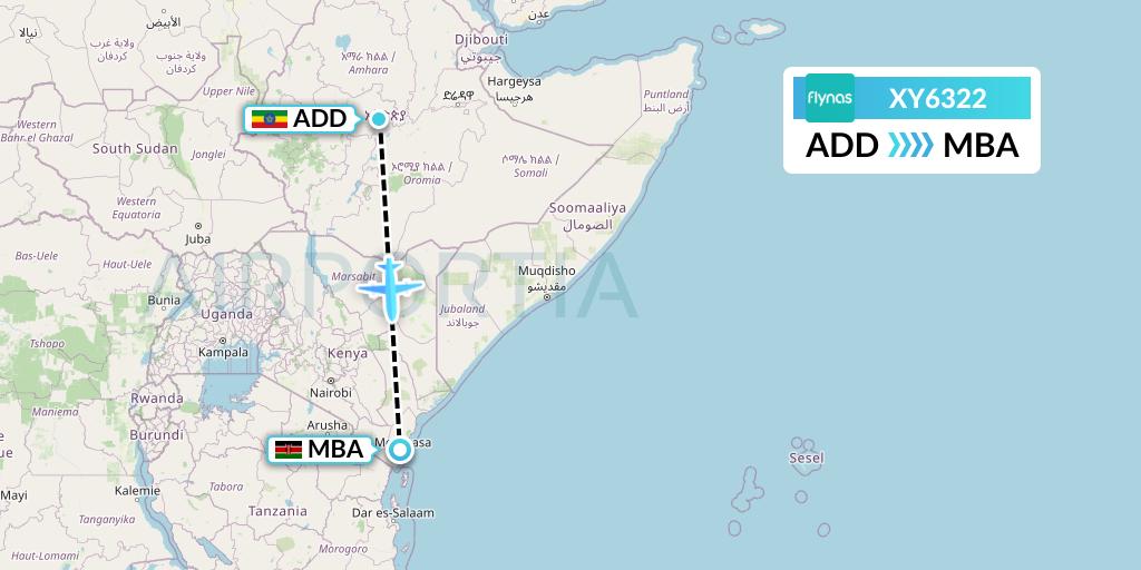 XY6322 Flynas Flight Map: Addis Ababa to Mombasa