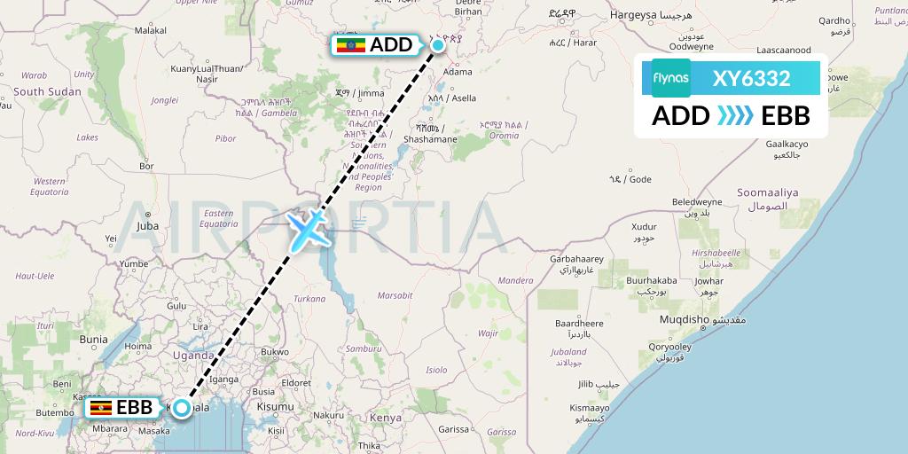 XY6332 Flynas Flight Map: Addis Ababa to Entebbe