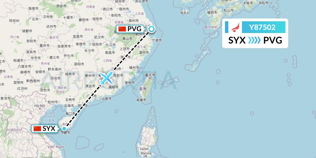Y87502 Yangtze River Express Flight Map: Sanya to Shanghai