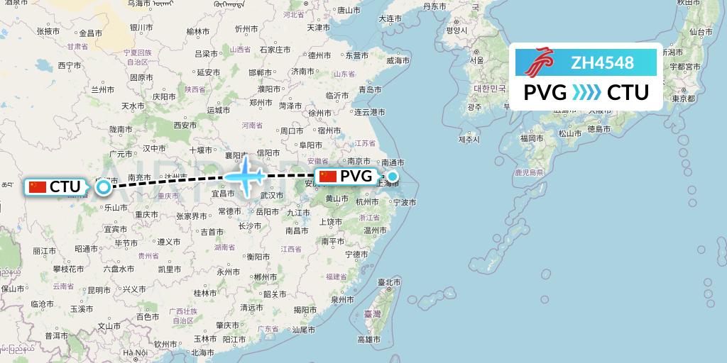 ZH4548 Shenzhen Airlines Flight Map: Shanghai to Chengdu