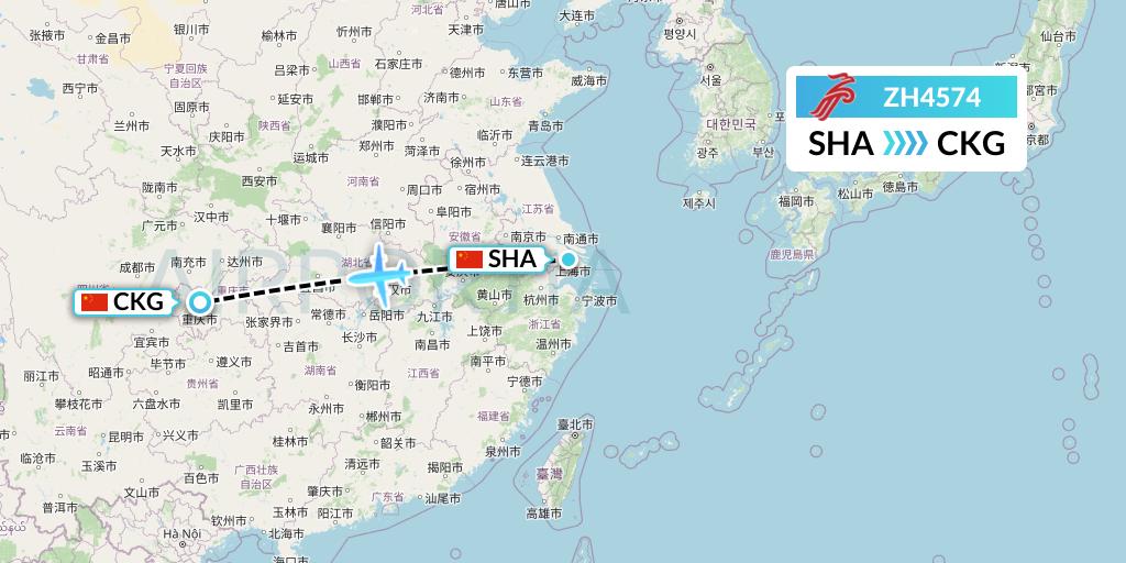 ZH4574 Shenzhen Airlines Flight Map: Shanghai to Chongqing