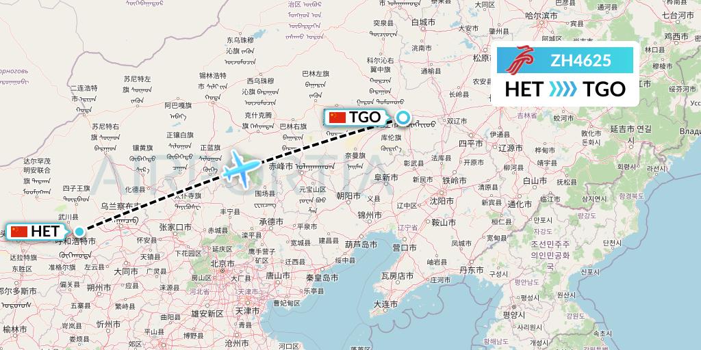 ZH4625 Shenzhen Airlines Flight Map: Hohhot to Tongliao
