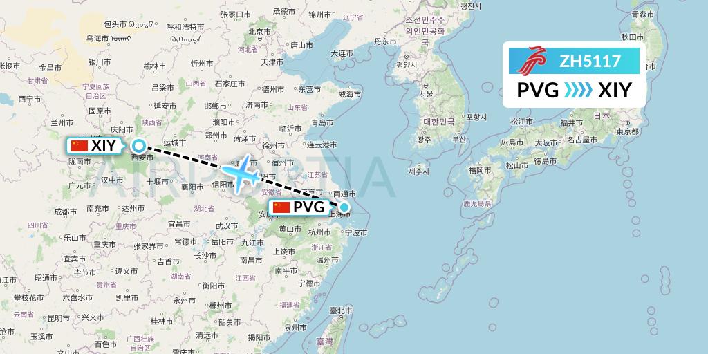 ZH5117 Shenzhen Airlines Flight Map: Shanghai to Xi'an