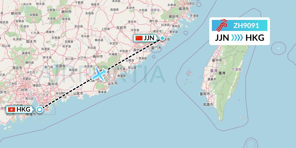 ZH9091 Shenzhen Airlines Flight Map: Jinjiang to Hong Kong