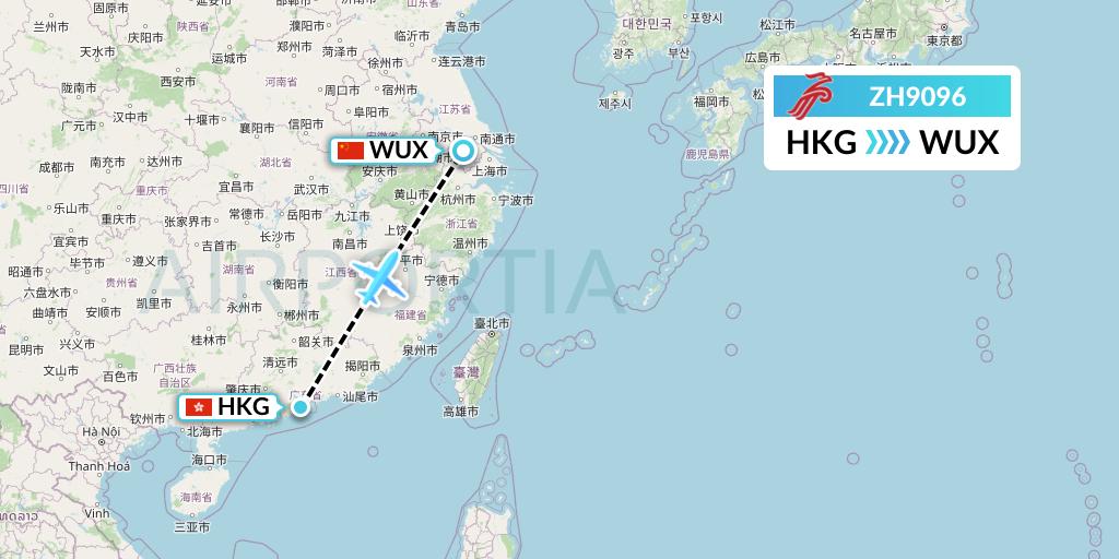 ZH9096 Shenzhen Airlines Flight Map: Hong Kong to Wuxi